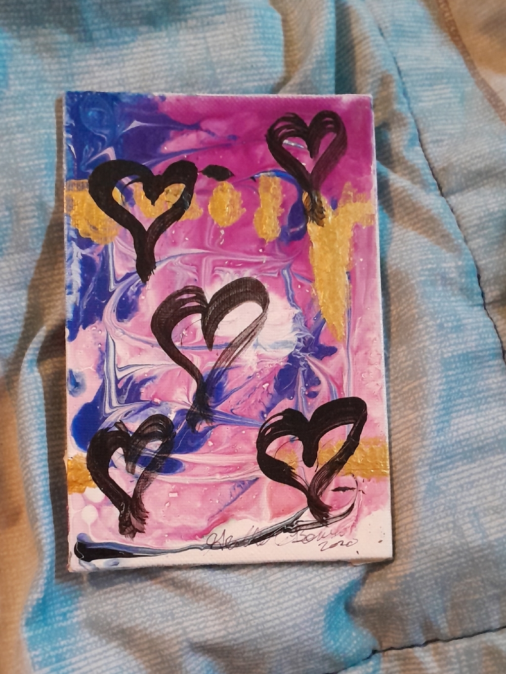 Original Abstract Heart Canvas Art in Pink, Blue & Gold